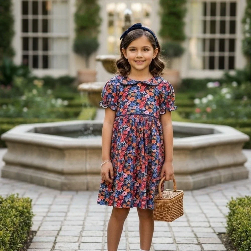 Swoon Kids Dress Girls Size 6 Navy Floral Fit & Flare Peter Pan Collar