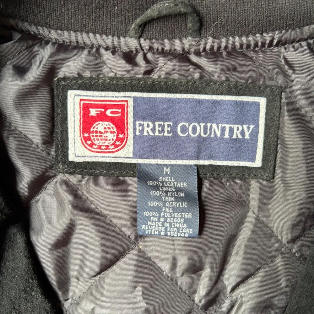 Vintage Free Country Mens Suede Leather Bomber Jacket Black Grey Varsity M