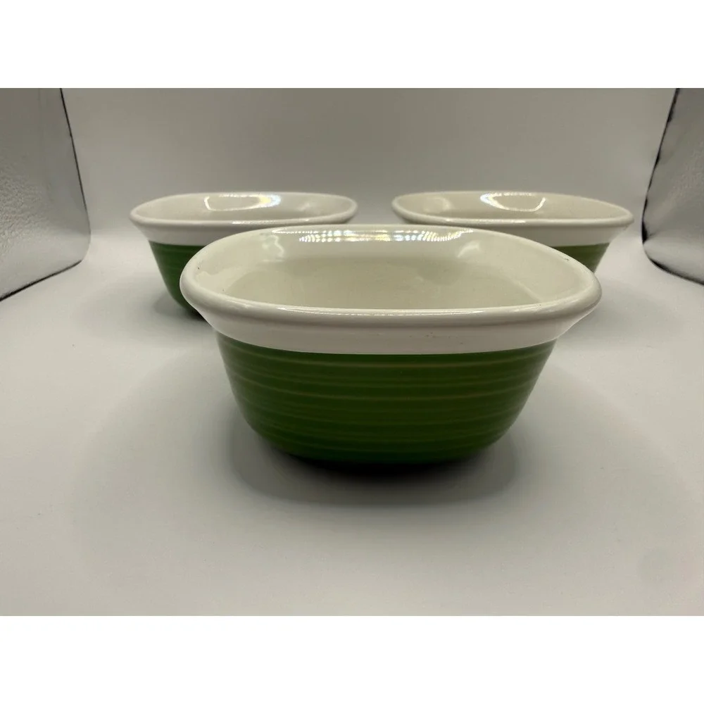CorningWare Etch 7oz Stoneware Ramekin Set 3 Green White Ribbed Square Bowls