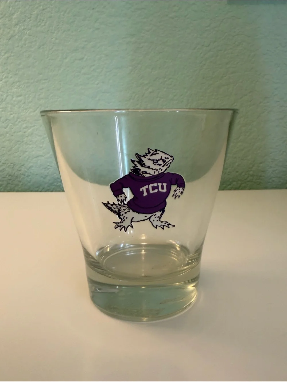 TCU Purple Mascot Clear Rocks Glass