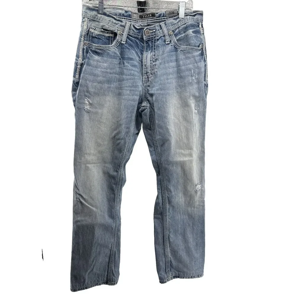 BKE Tyler Straight Leg Jeans 32R Faded Distressed Blue Stretch Denim
