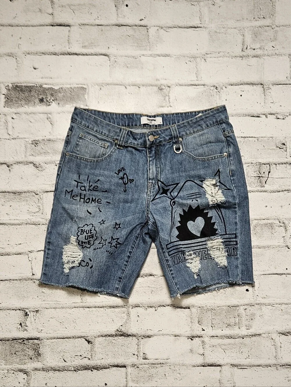 Distressed Graphic Denim Shorts Y2K Streetwear Raw Hem XL