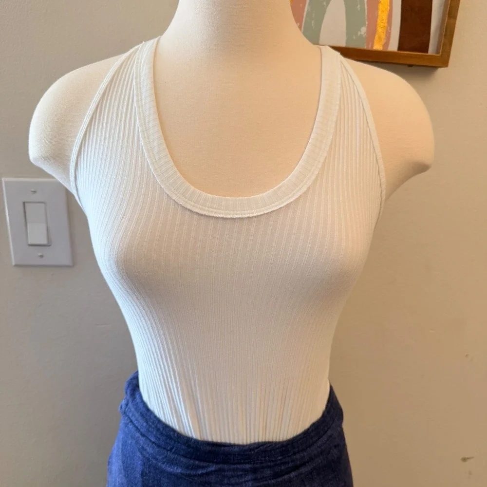 Free People Ribbed Bodysuit Womens Medium White Racerback Scoop Neck Basic