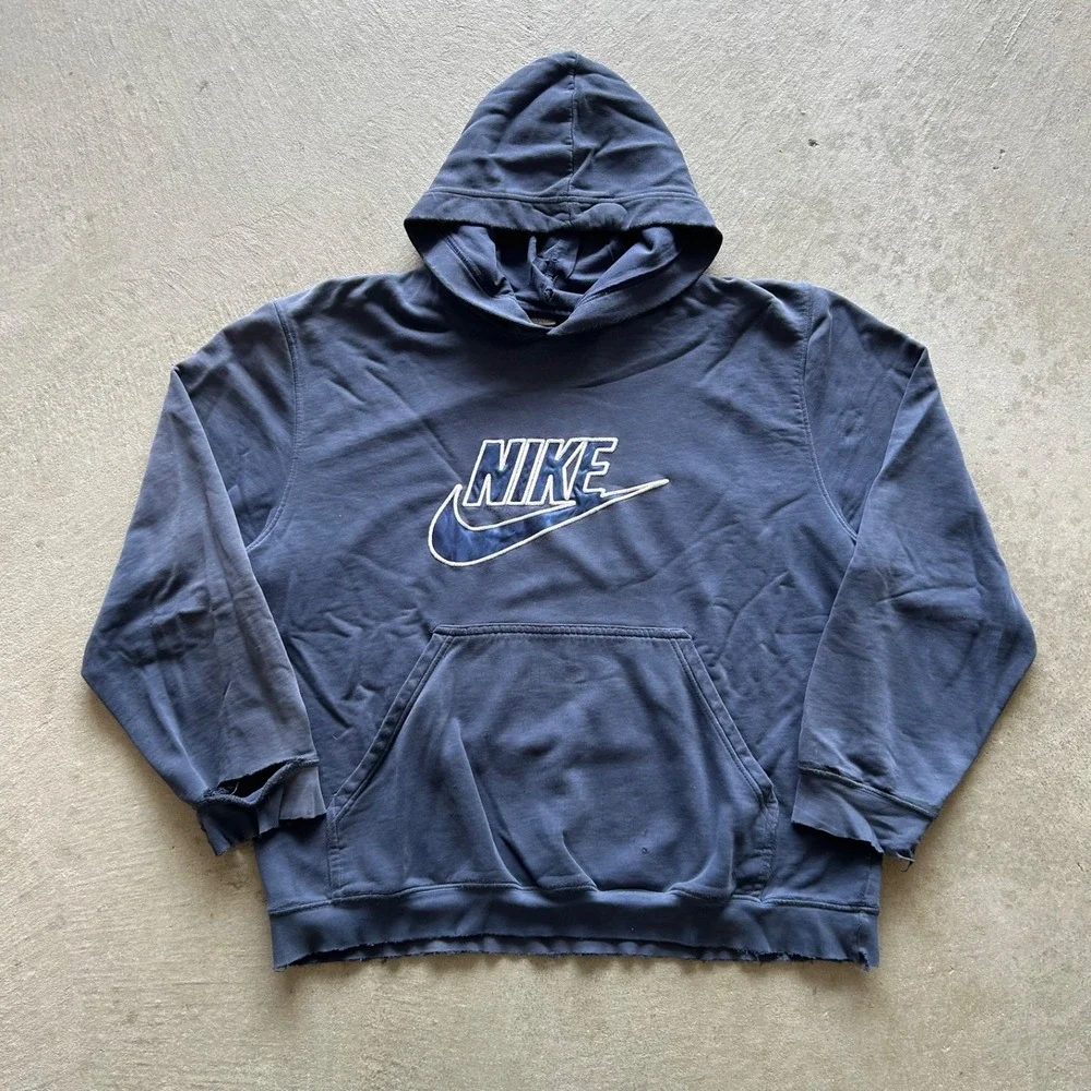 Vintage Y2K Nike Sweatshirt Size XL Navy Blue Hoodie Swoosh Logo Distressed‎