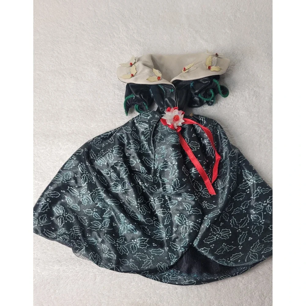 Holiday Doll Dress Green Silver Holly Leaf Pattern Red Ribbon Accent Festive