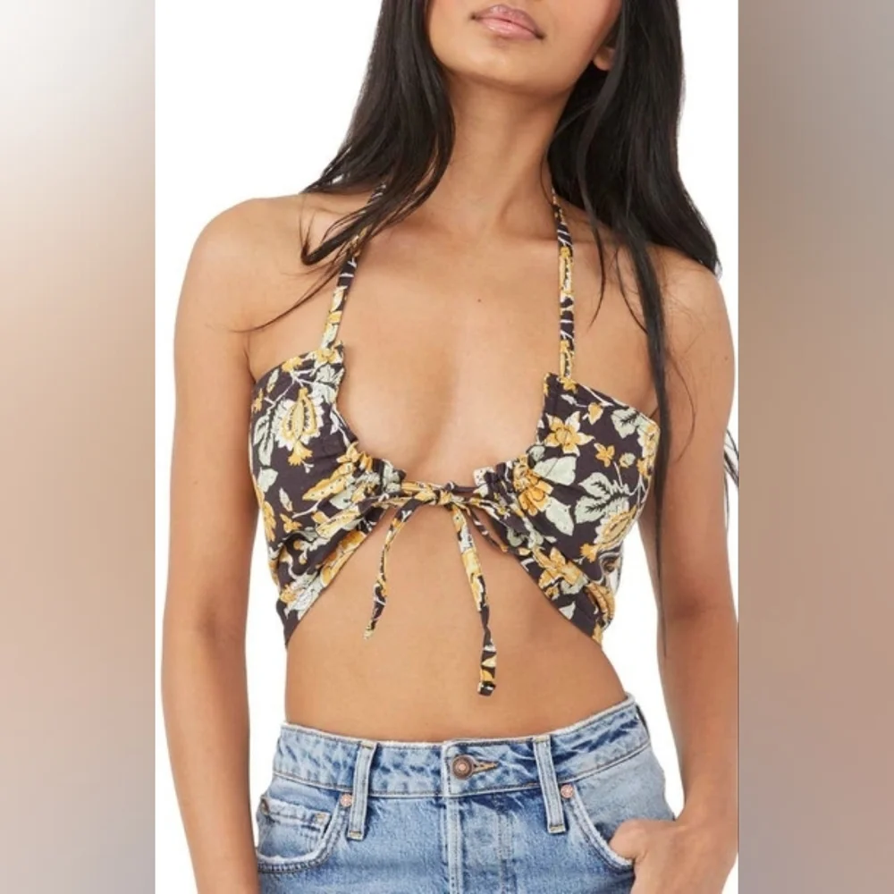 Free People Floral Tie-Front Halter Crop Top in Brown and Yellow