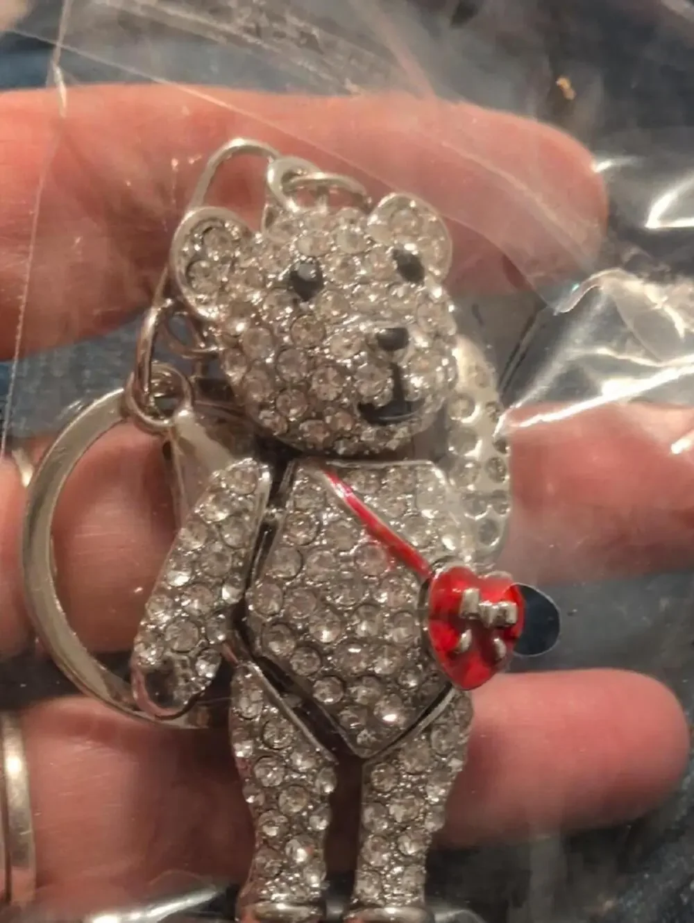 Crystal Bear Keychain Bag Charm Red Heart Gold Tone