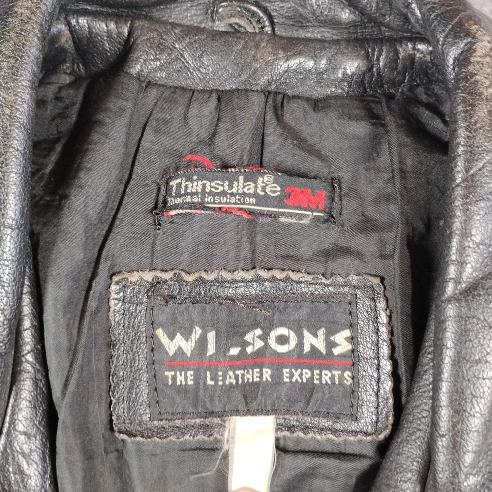Vintage Wilsons Leather Motorcycle Jacket Mens Black Thinsulate Belted Biker L