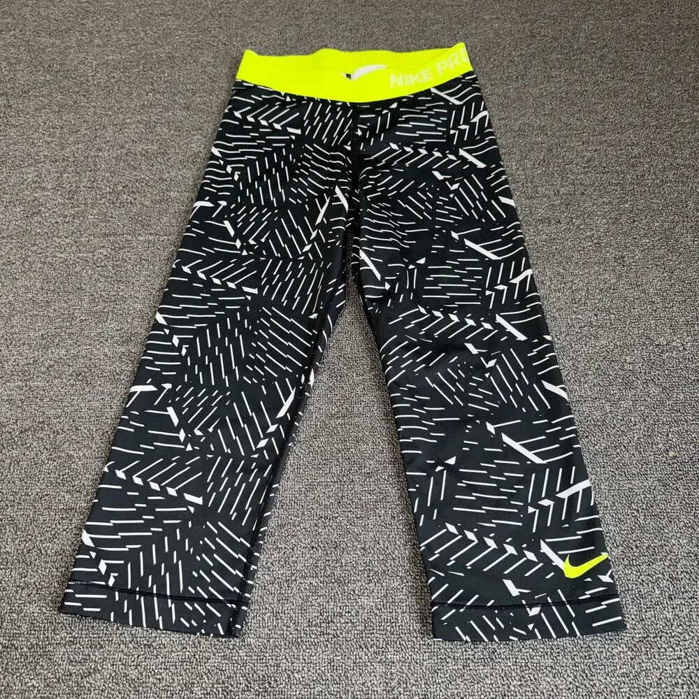 NIKE Pro Capri Leggings Women's Size Small Black Neon Yellow Dri-Fit Gorpcore