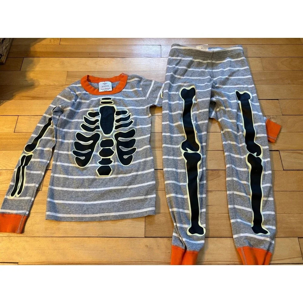 Hanna Andersson Skeleton Long John Pajamas Sz 6/7 glow in the dark 120 Halloween