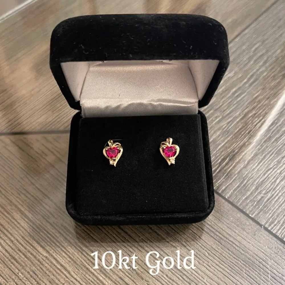 10kt Gold Simulated Red Gem Heart Shaped Earrings Stud - Post Earrings