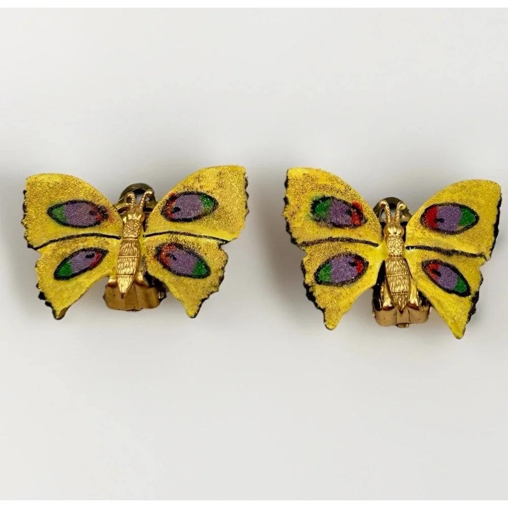 Vtg Butterfly Earrings Sugared Enamel Clip On‎ West Germany Yellow