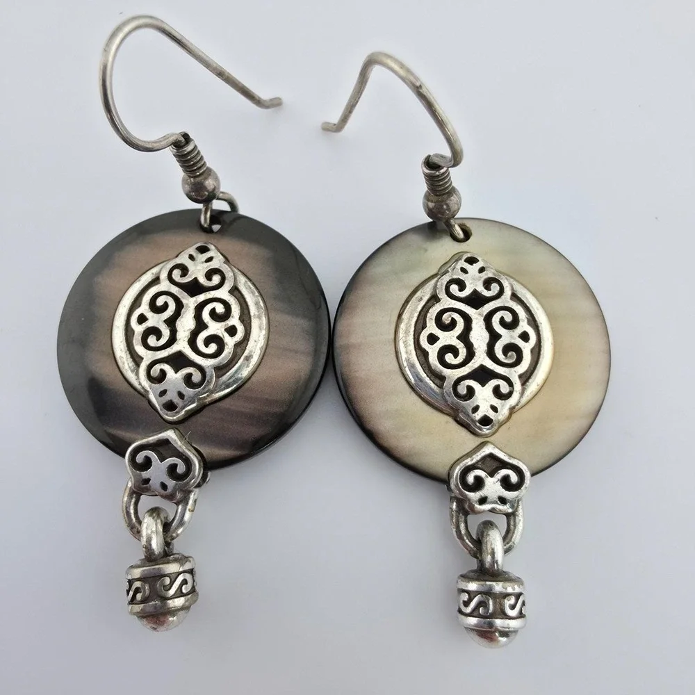 BRIGHTON 'Romano Shell' Earrings Mother Of Pearl Dangle Ornate Silver Plate 2
