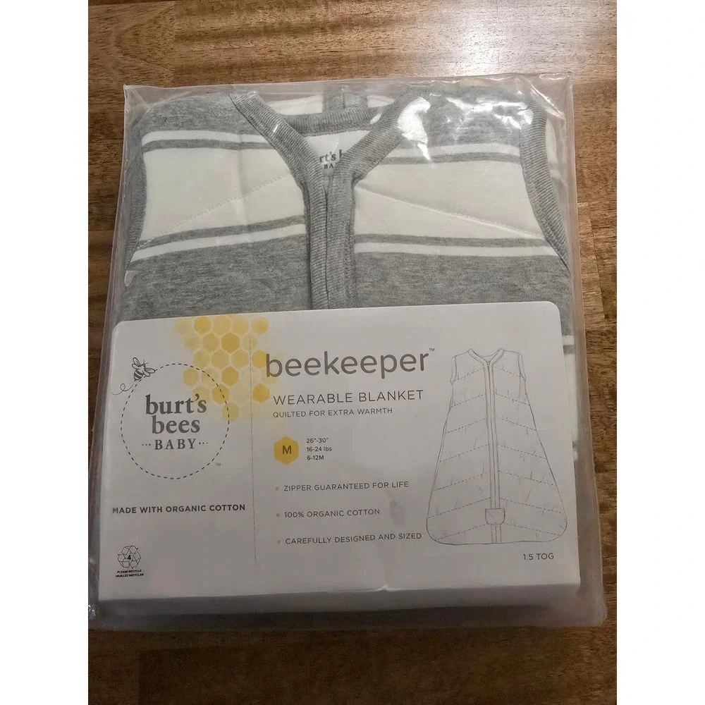 Burt's Bees Baby Beekeeper Wearable Blanket Gray White Stripe Organic Cotton M