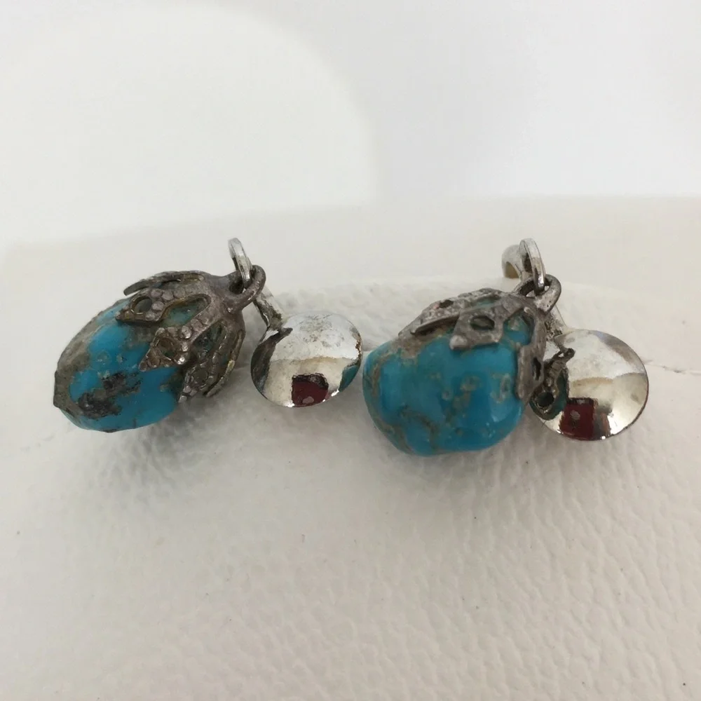 Vintage Screw Back Blue Moon Turquoise Dangle Earrings Silver Tone Filigree