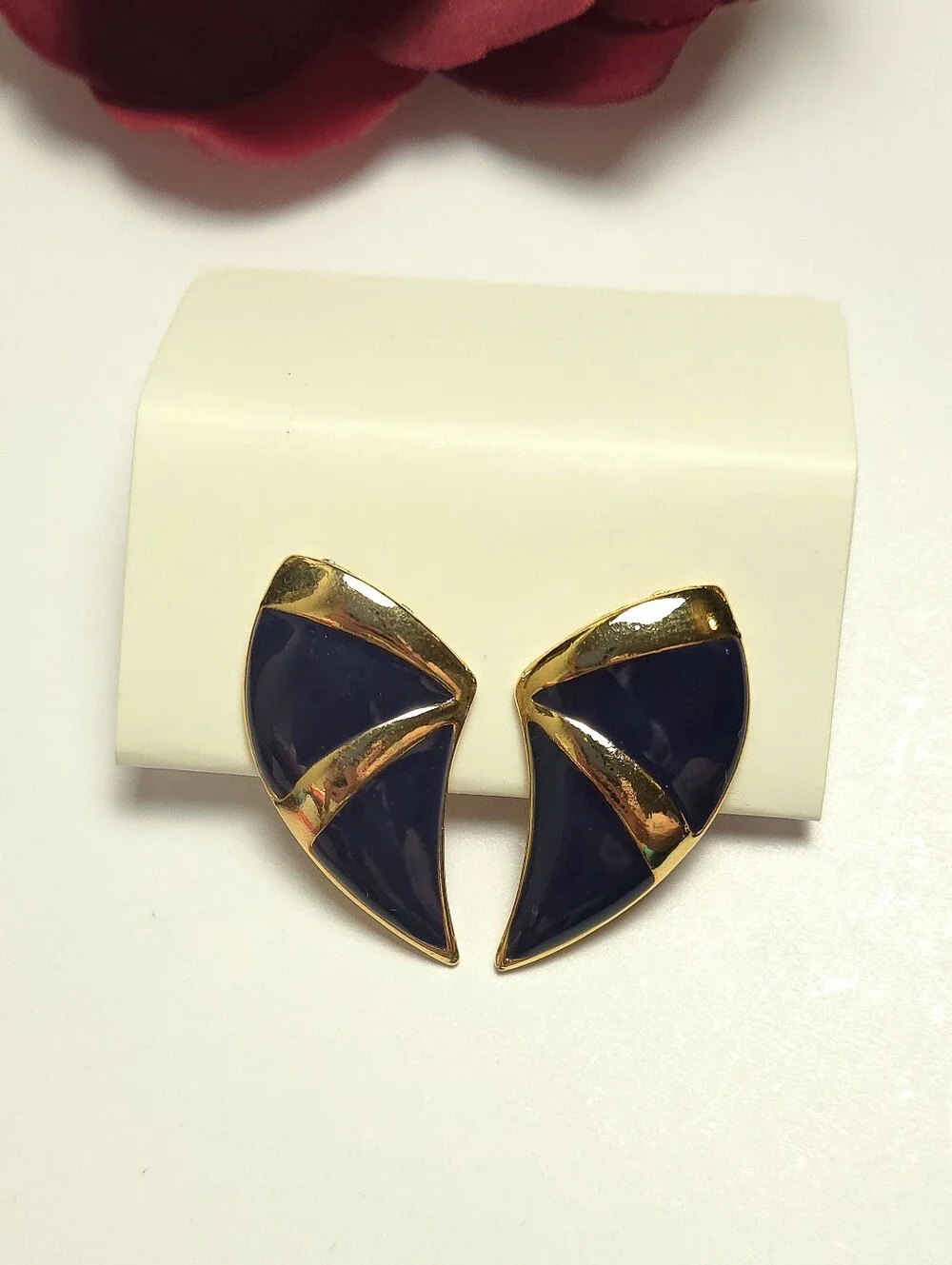 Vintage Monet Gold & Navy Blue Enamel Geometric Earrings Clip on Earrings Signed