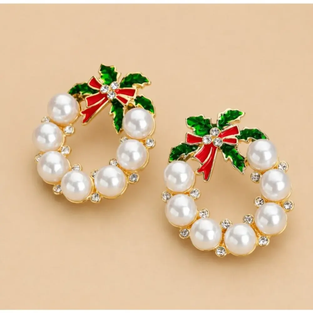 Christmas Wreath Earrings Faux Pearls Enamel and Rhinestone Perfect Size New
