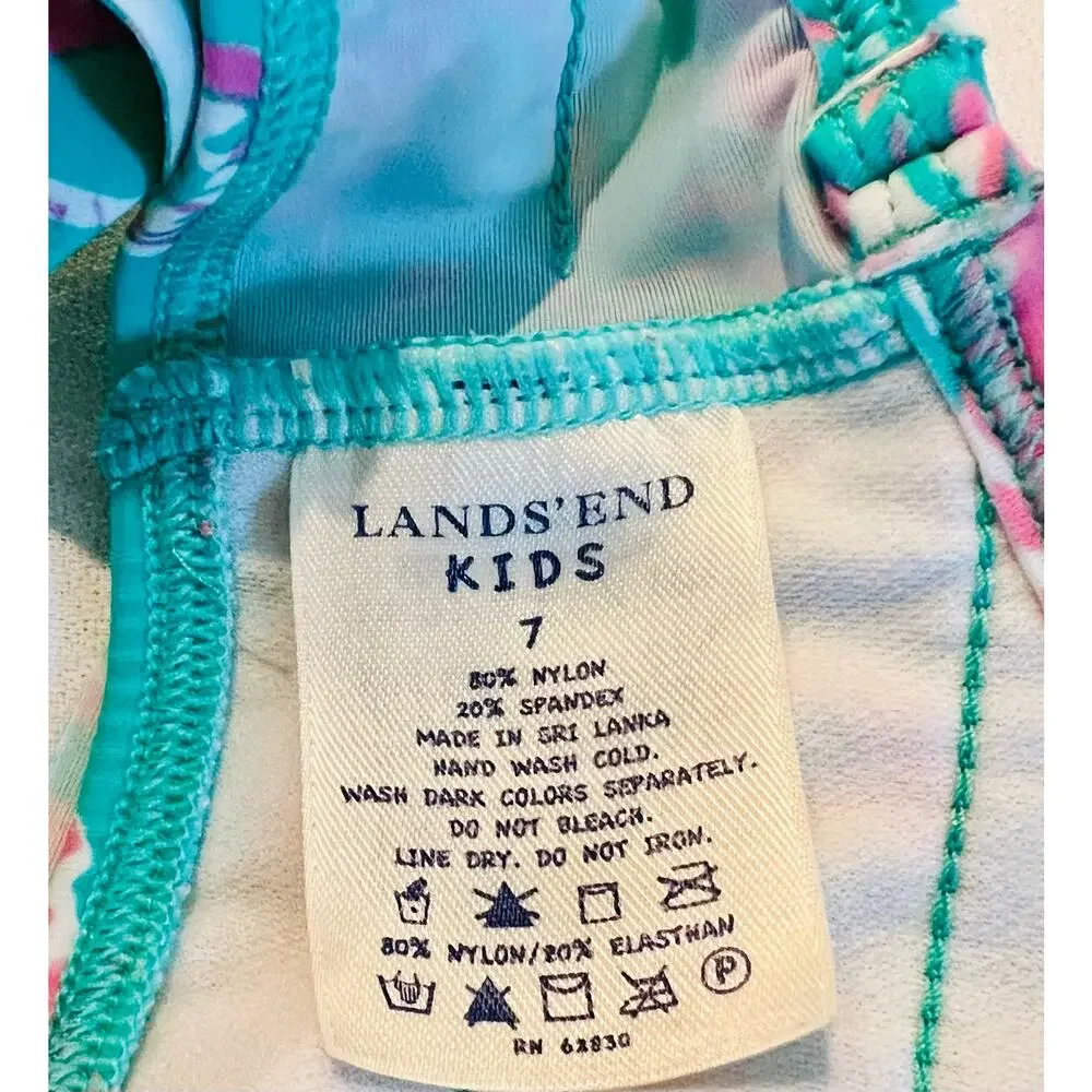 Lands’ End Flamingo Ruffle Bikini Swim Top Girls Sz 7 Aqua Pink Halter Swimsuit