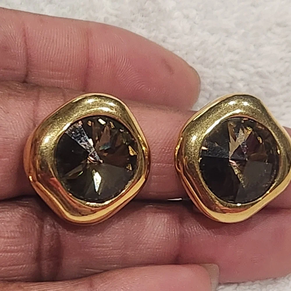 Vintage Georgiou Gold‎ Tone Smoky Brown Crystal Clip On Earrings Chunky Square