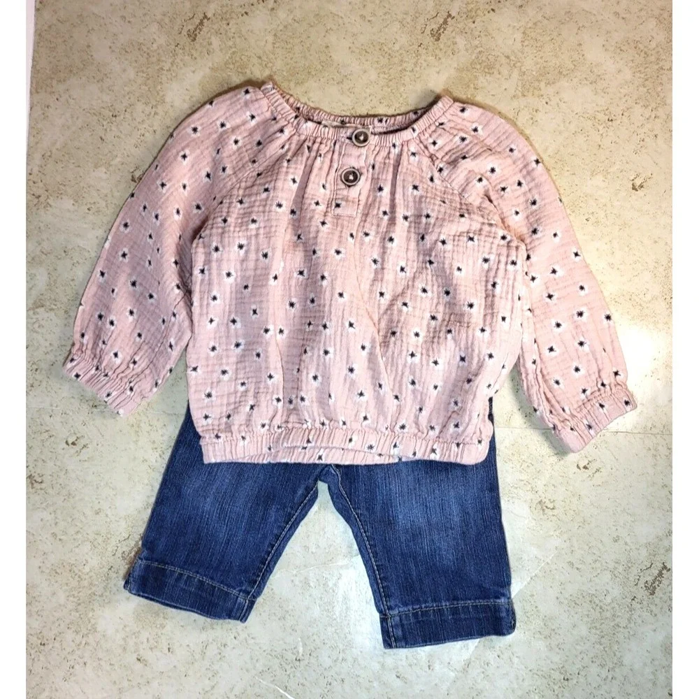 Jessica Simpson Pink Gauze Long Sleeve Top Old Navy Blue‎ Jean Zipper Button 18M