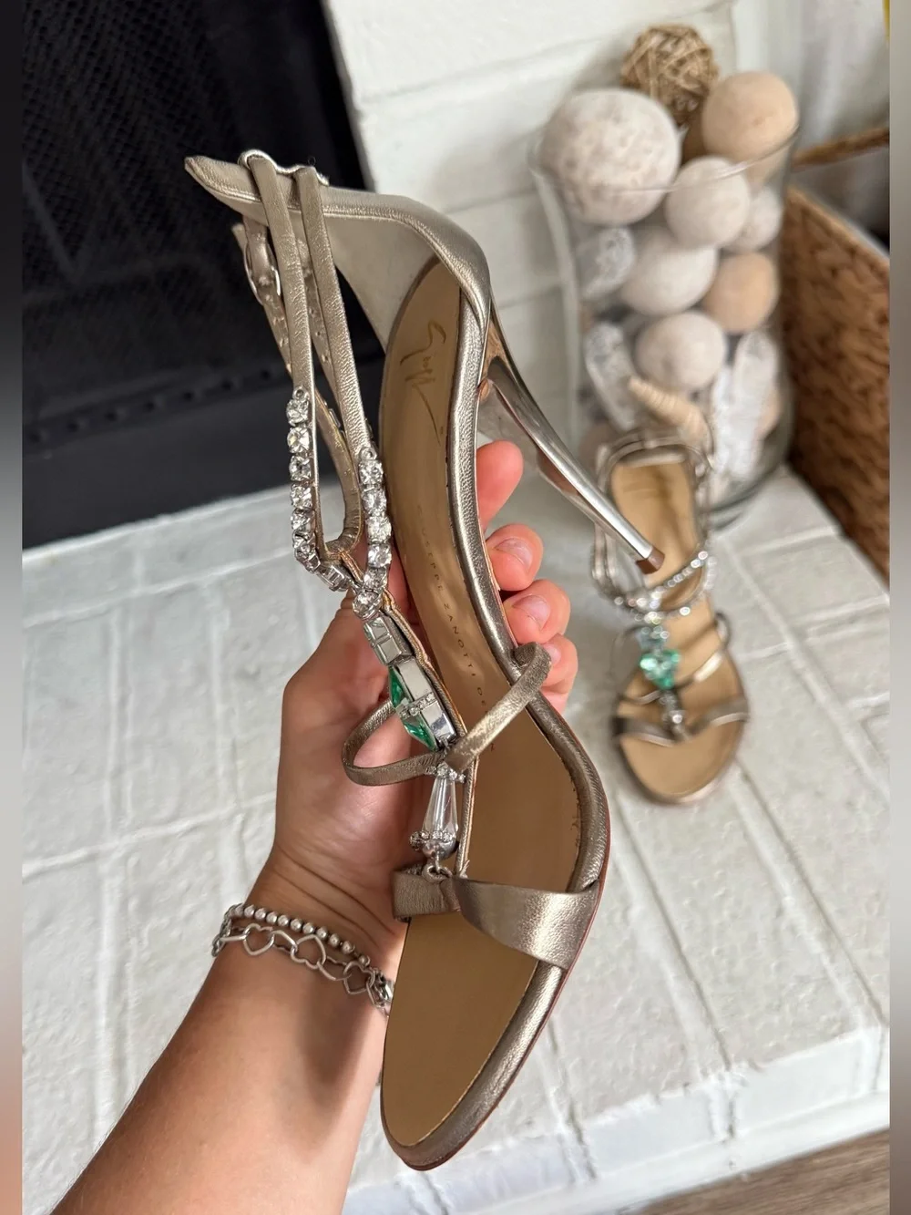 Giuseppe Zanotti Jewel Crystal Sandals Champagne Leather Heels EU 37
