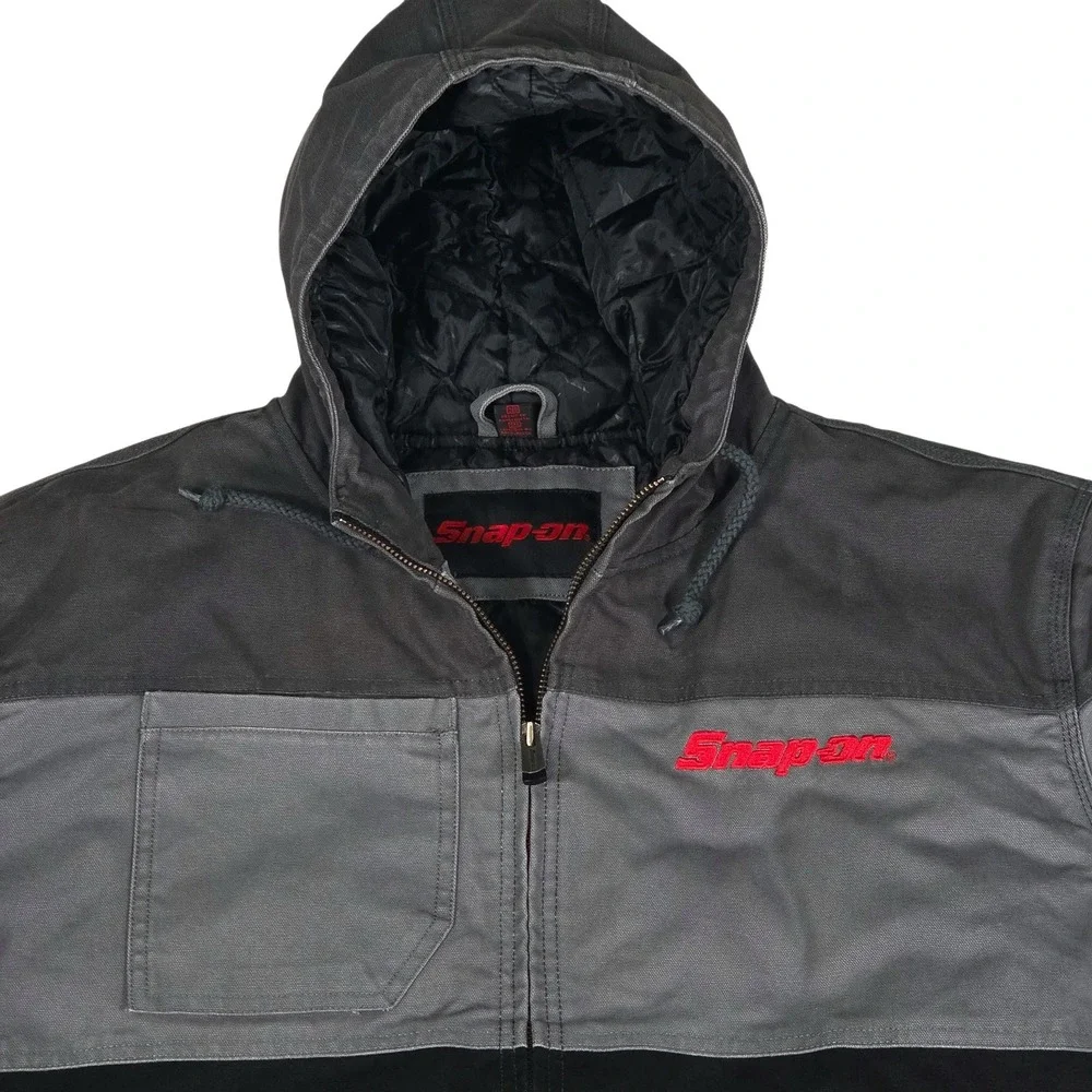 Snap-on Hooded‎ Work Jacket Mens 3XL Gray Black Canvas Quilted Mechanic Heavy