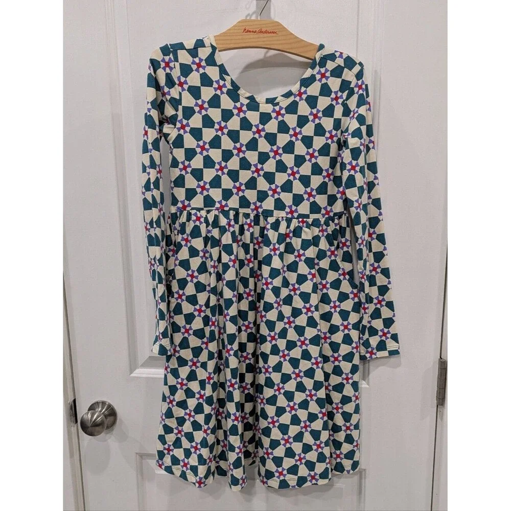 Hanna Andersson Kids Long Sleeve Skater Dress Pockets Green Peppermint Swirl 10