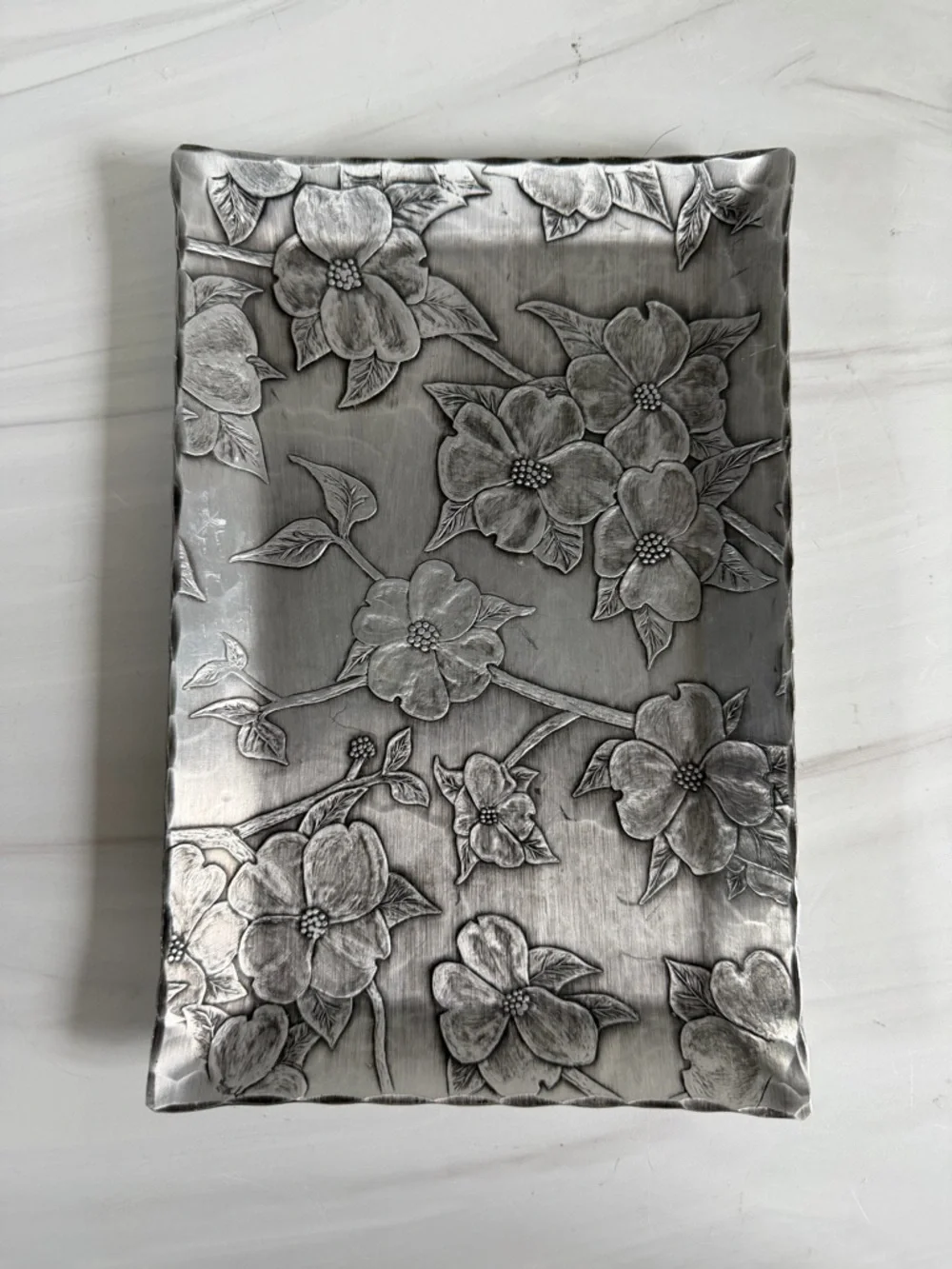 Vintage Dogwood Embossed Heavy Aluminum Trinket Tray from American Forging