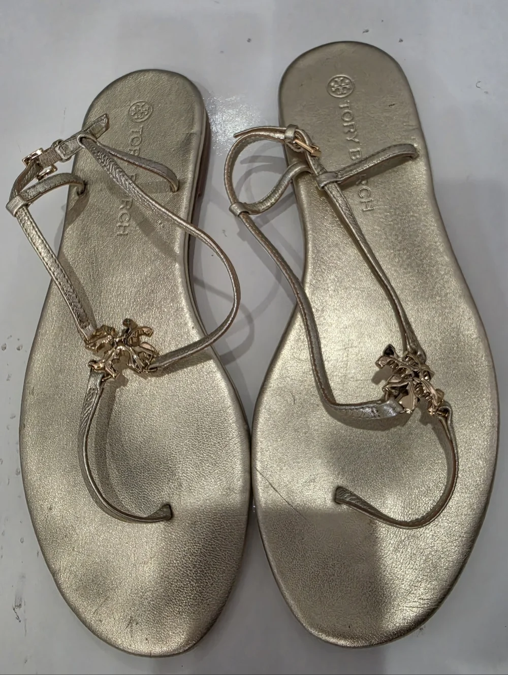 Tory Burch Metallic Gold T-Strap Sandals Size 11