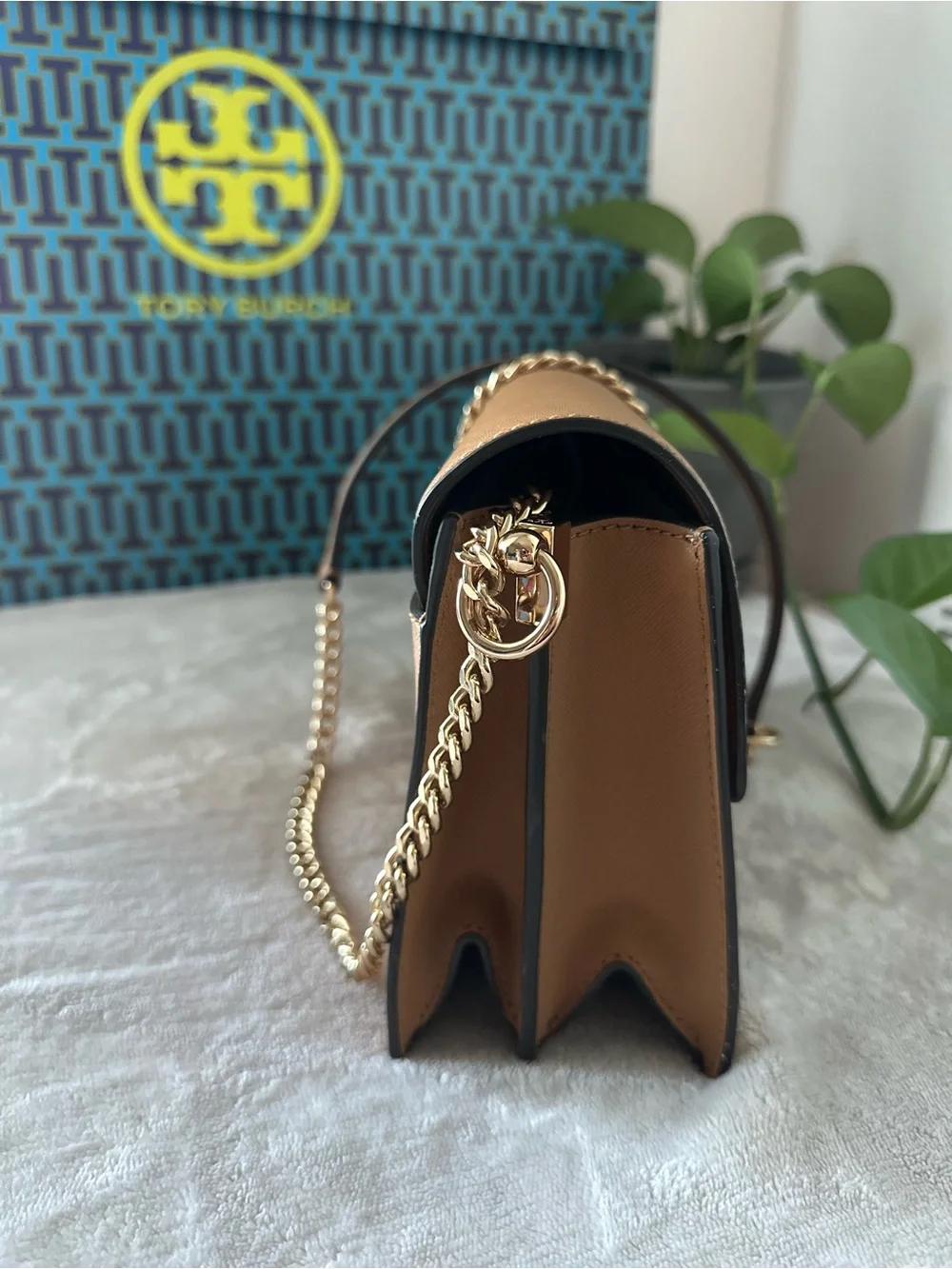 Tory Burch Tan Leather Crossbody with Gold Chain