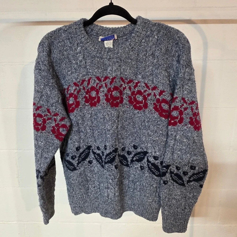 Vintage Cable Knit Fair Isle Sweater Blue Red Floral Navy‎ Leaf Pattern Unisex M