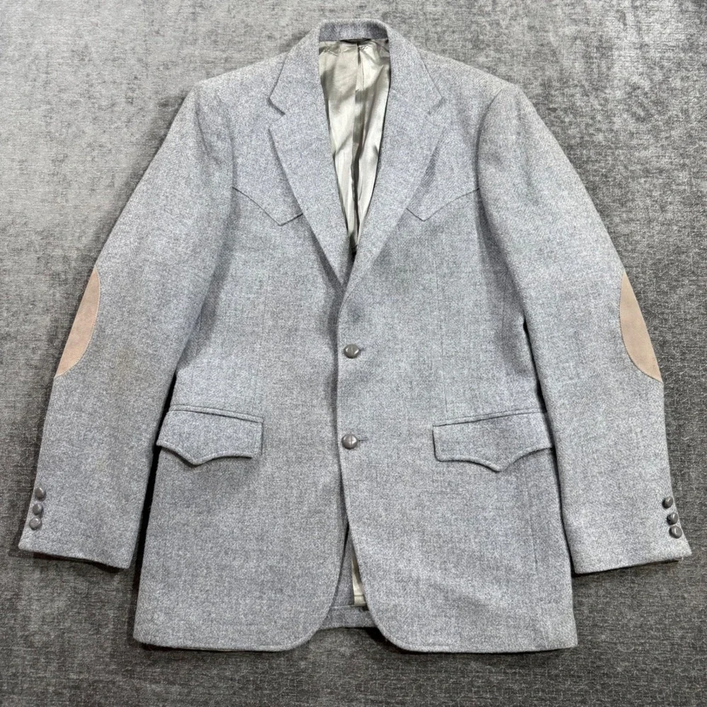 Vintage Grand Entry Men Western Blazer Grey Wool Cowboy Sport Coat Elbow Patches