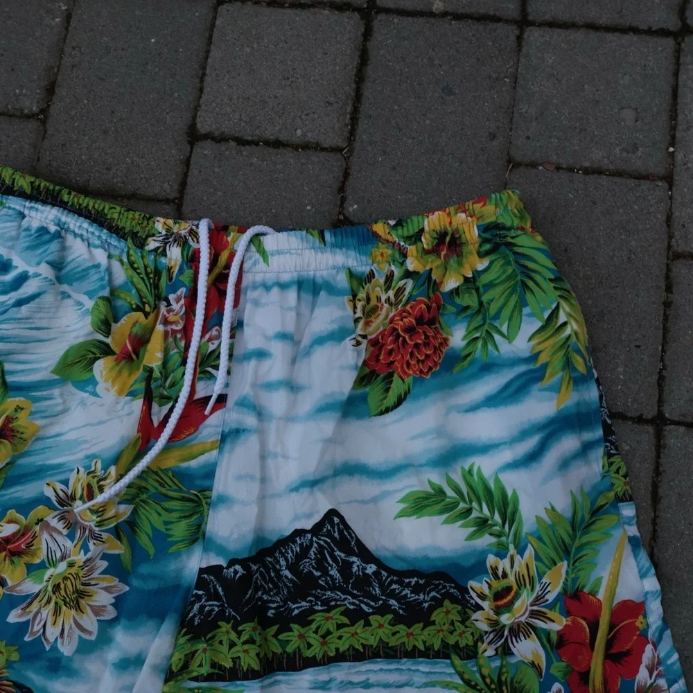 VTG Polo Sport Ralph Lauren Board Shorts Swim Mens Hawaiian All Over Print Sz XL