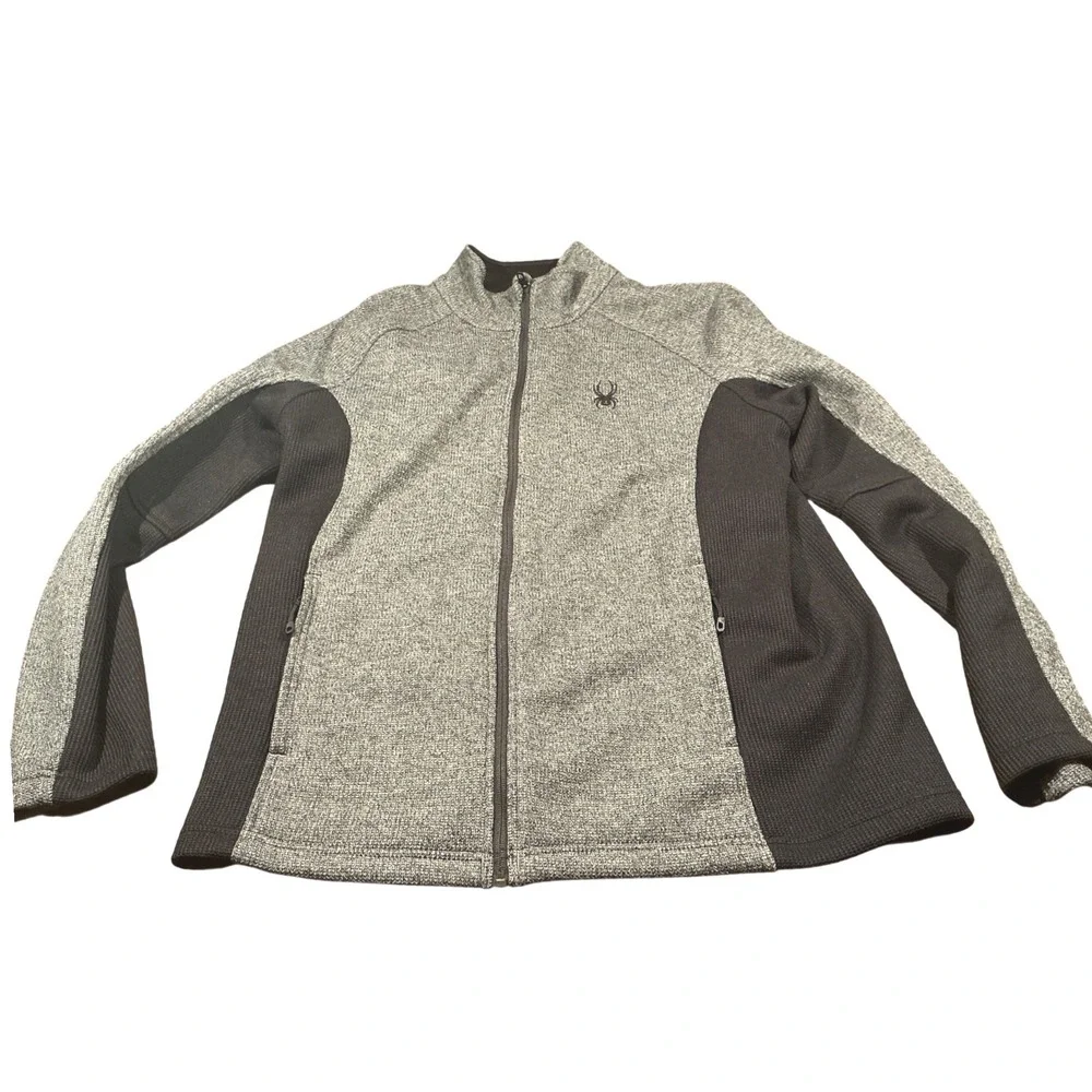 Spyder Mens Full Zip Knit Sweater Jacket Gray Black XL Mock Neck‎ Fleece Lined