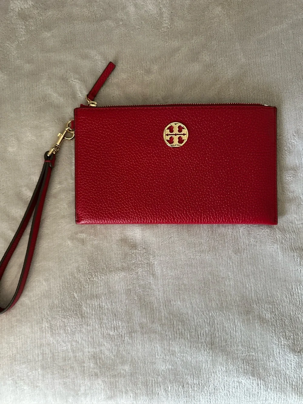 Tory Burch Red Pebbled Leather Wristlet with Gold Logo