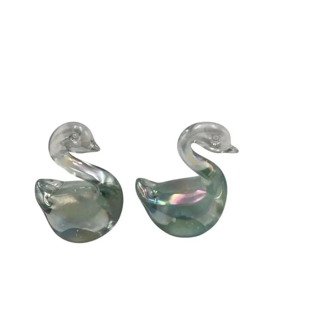 Vintage Iridescent‎ Glass Swan Figurines Set of 2 Multicolor