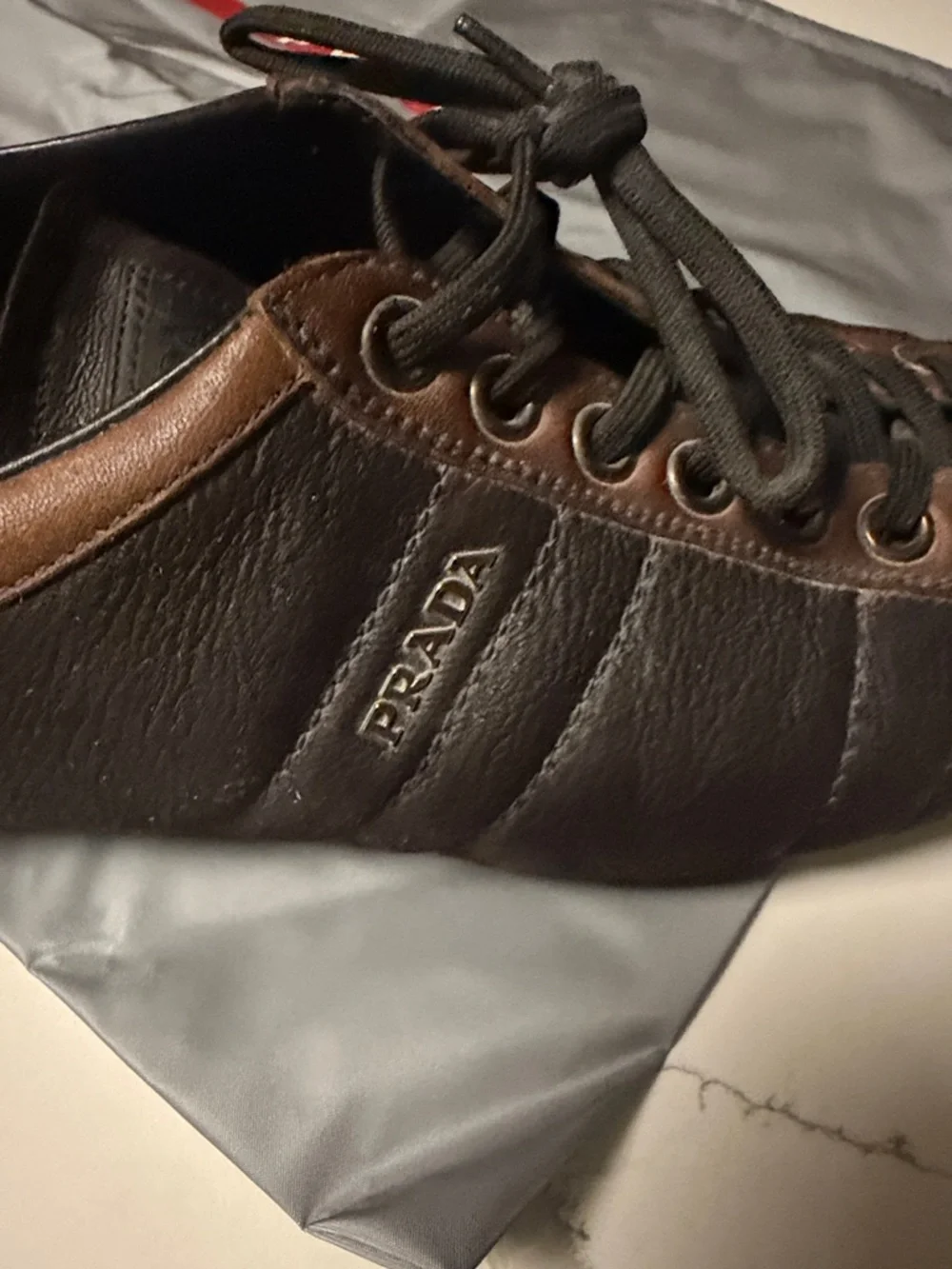 AuthenticPrada Men’s Dark Brown and Tan Leather Sneakers