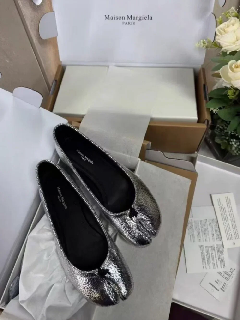 Maison Martin Margiela Silver Cracked Leather Tabi Split Toe Flats
