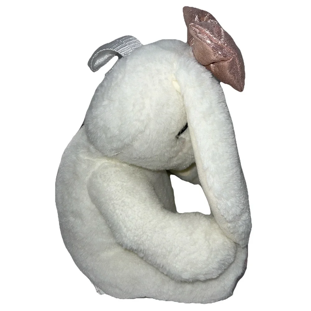 Plush White Bunny Rabbit Backpack Embroidered Face Mauve Pink Glitter Bow & Feet