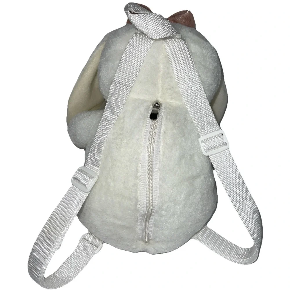 Plush White Bunny Rabbit Backpack Embroidered Face Mauve Pink Glitter Bow & Feet