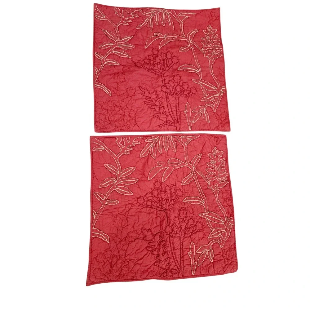 2‎ Pottery Barn Euro Pillow Shams Covers Red Quilted Floral Crewel Leaf Cotton