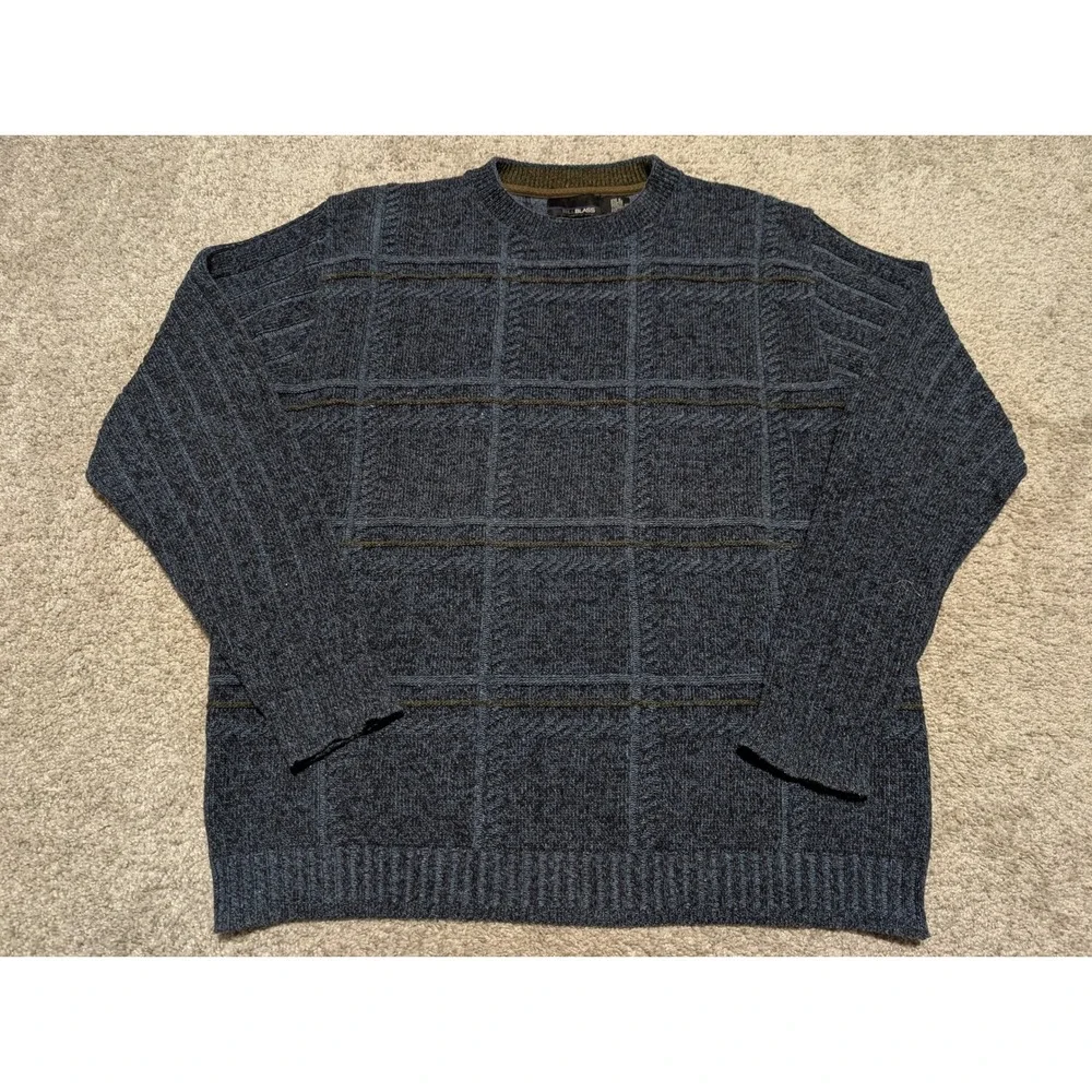 Bill Blass Mens Blue Plaid Knit Sweater XL Crew‎ Neck Long Sleeve Casual