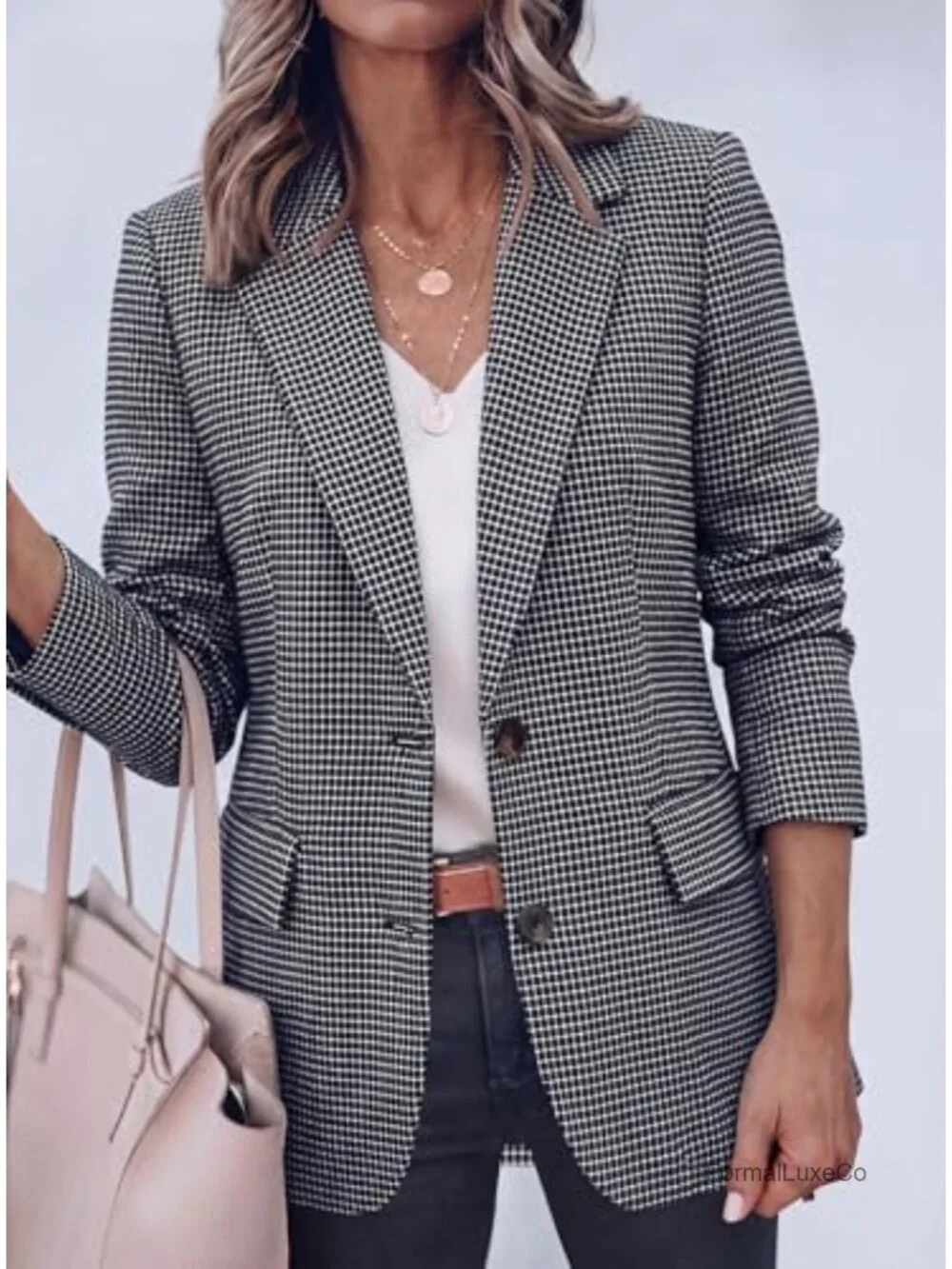 Long Sleeve Plaid Houndstooth Notch Lapel Blazer Business Casual Work Suit
