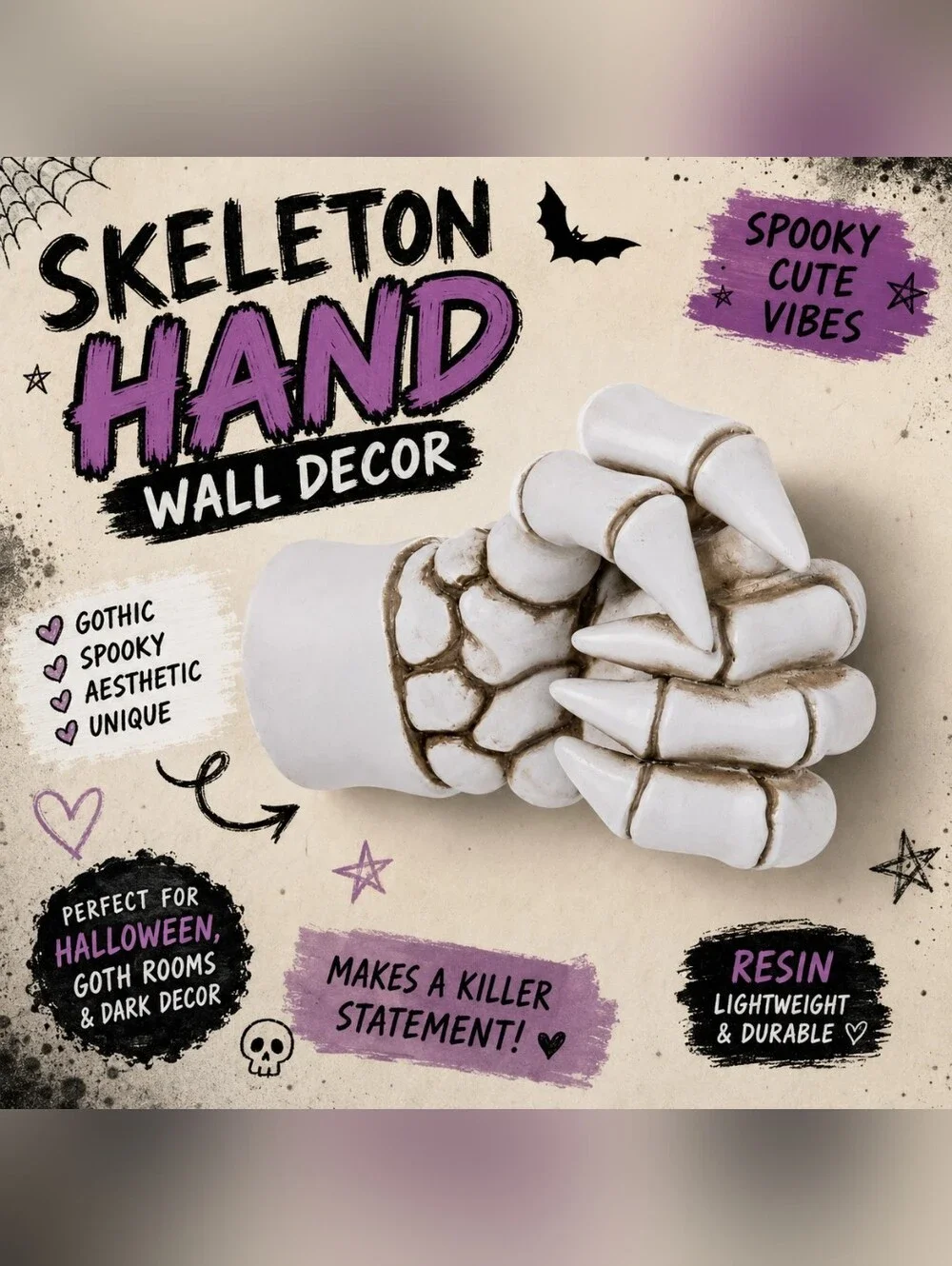 Gothic Skeleton Hand Wall Decor Bone‎ Sculpture Spooky Aesthetic Resin Art