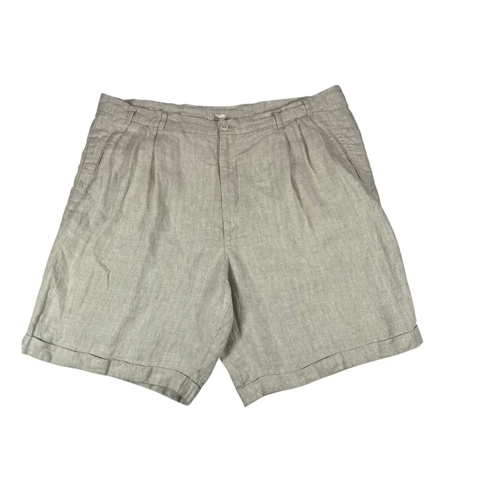 Greg Peters Linen Shorts Beige Herringbone Pleated Cuffed Summer Coastal Size 42