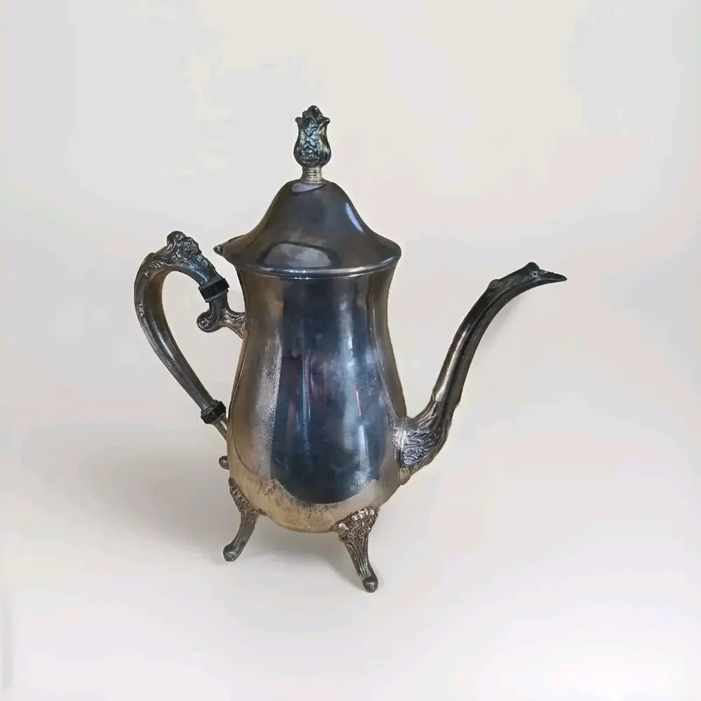 Vintage Leonard Silverplate Coffee Pot Footed Hinged Lid 1960s Victorian Style