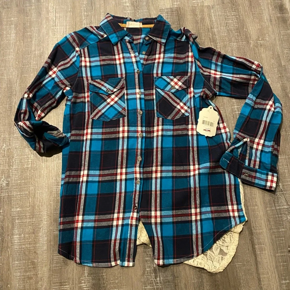 Altar'd State Blue & Navy Plaid Button-Down Shirt