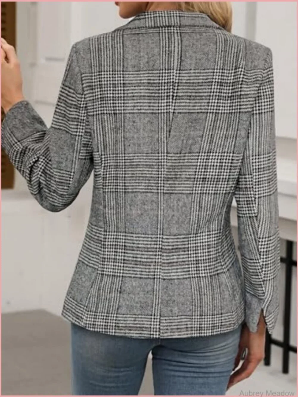 Two Button Boyfriend Blazer Jacket Lapel Collar Houndstooth Plaid Work Office