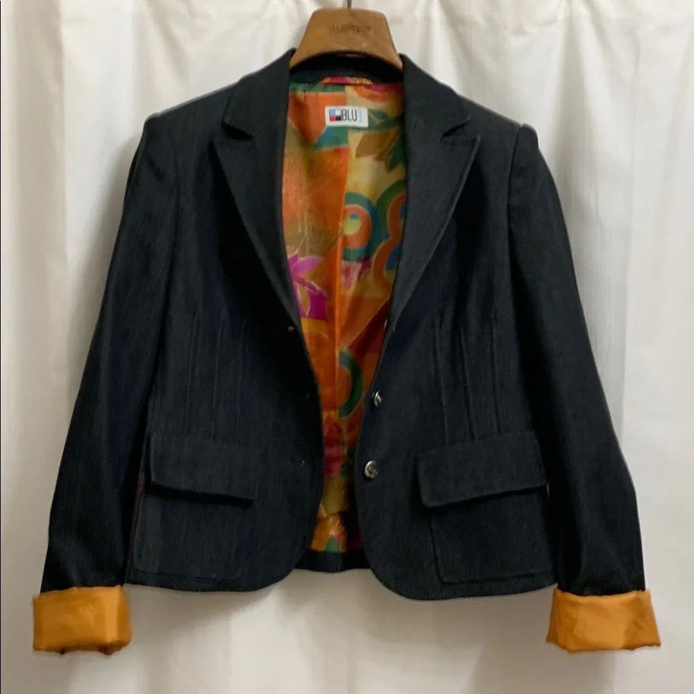 Vintage Black Denim Tailored Structured Blazer Jacket with Colorful Lining