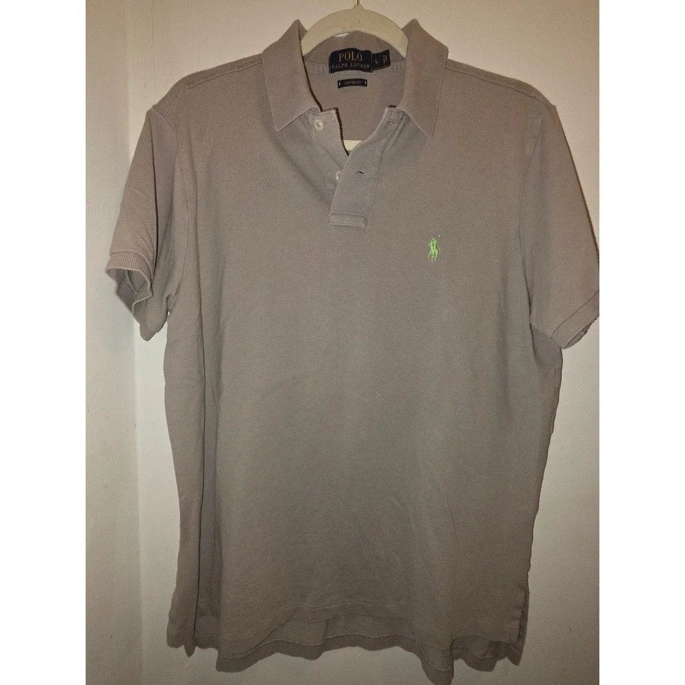 Polo Ralph Lauren Mens Custom Fit Polo Shirt Taupe Grey Lime Green Pony Large